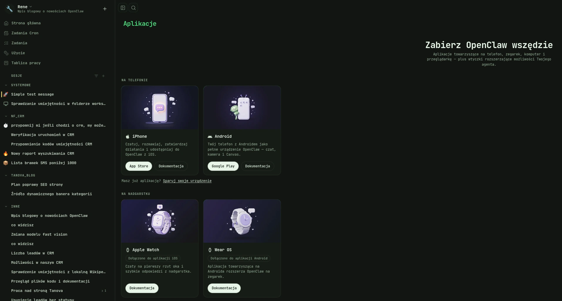 Strona Aplikacje w OpenClaw — aplikacje iOS, Android, Apple Watch i Wear OS