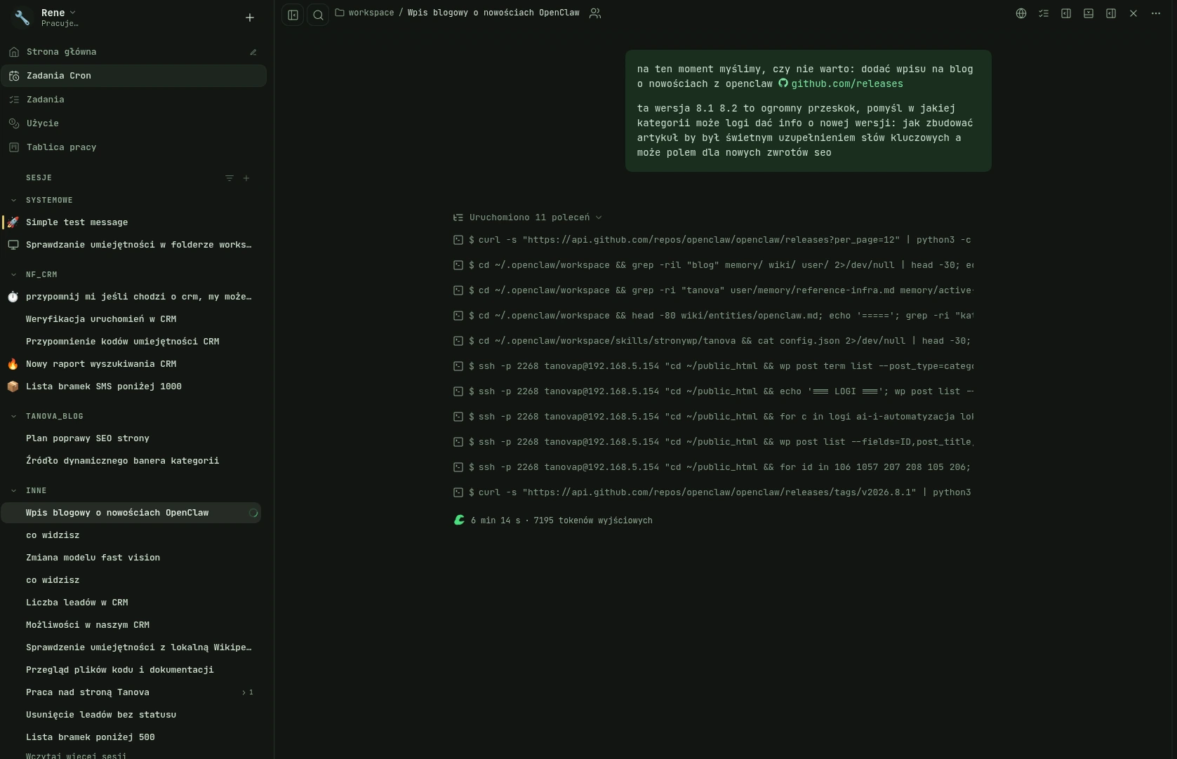 Sesja agenta OpenClaw w Control UI — lista wykonanych poleceń podczas przygotowywania wpisu