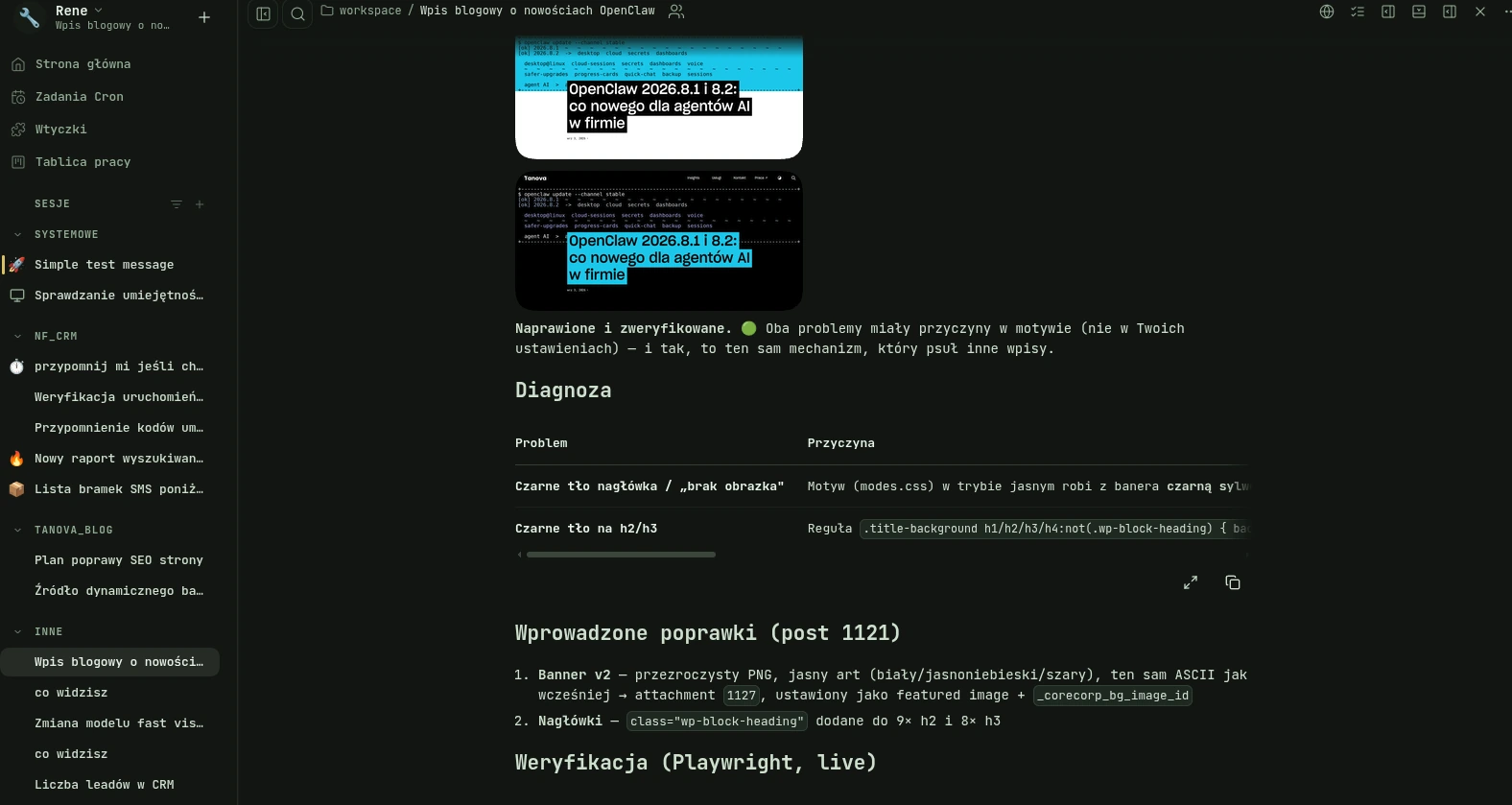 Raport weryfikacyjny agenta OpenClaw — poprawiony baner wpisu w trybie jasnym i ciemnym
