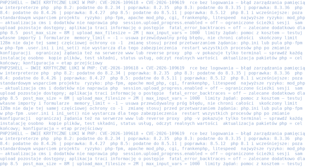 PHP2Shell - tabela podatnych i naprawionych wersji PHP